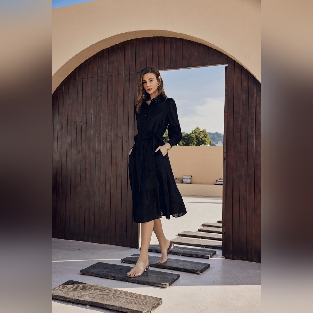 NWT - Flax-Linen Frieeah Black Midi Shirtdress with Pockets & Belt - Size XL - Picture 8 of 8